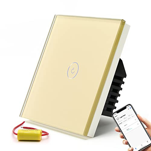 BSEED Interruttore di collegamento Wi-Fi, interruttore touch a 1 via oro compatibile con Amazon Alexa e Google Home, interruttore senza fili con schermo touch (nessun filo neutro)