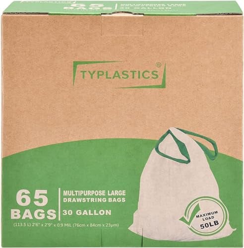 TYPLASTICS Drawstring Trash Bags, 30 Gallon, 65 Count