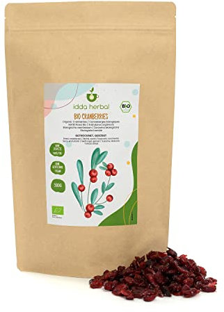 Mirtilli Rossi Secchi Biologici (500g), Mirtilli Rossi Interi da Coltivazione Biologica, Leggermente Zuccherati con Succo di Frutta, 100% Naturali e Puri, Snack alla Frutta Pronto da Mangiare, Vegano