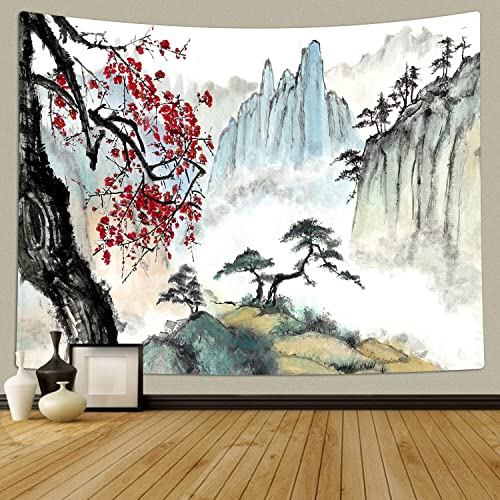 TOMOZ Japanische Landschafts-Wandteppich, Bergbäume mit Kirschblüten, Sakura-Blume, Wandbehang, asiatischer chinesischer Wandteppich, für Schlafzimmer, Geburtstagsparty-Dekoration, 202.4x152.4 cm