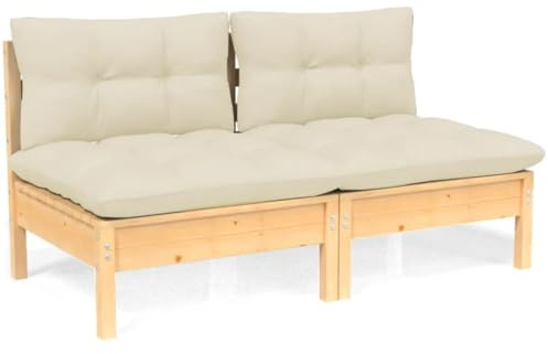 vidaXL Gartensofa 2-Sitzer, Gartenmöbel 2 Mittelsofa mit Creme Kissen, Modular Sofa Lounge Sitzgruppe für Garten Terrasse Balkon, Loungemöbel, Massivholz Kiefer