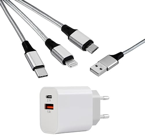 MUTTO Pack Cargador USB C, Adaptador de Corriente 10W Con Tipo C y A+ Cable de Carga Universal 3 en 1 (Micro USB/USB-C/Lightning)