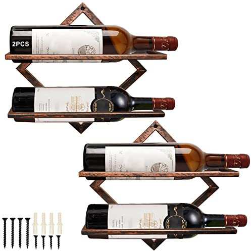 AUHOKY 2Pcs Metal Wall Mounted Wine Holder, Vintage Copper Foldable Hanging Wall Wine Rack Organizer for 2 Liquor Bottles, Red Wine Bottle Display Hanger with Screws for Home Kitchen Bar Décor