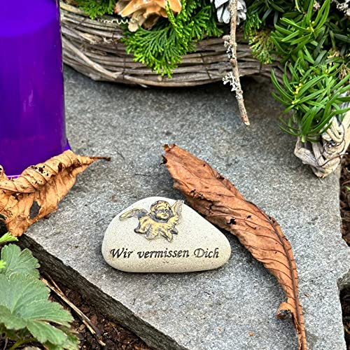 eberin · Kleiner Gedenkstein mit Motiv Engel und Spruch Wir vermissen Dich · Sandfarbig [NEU]