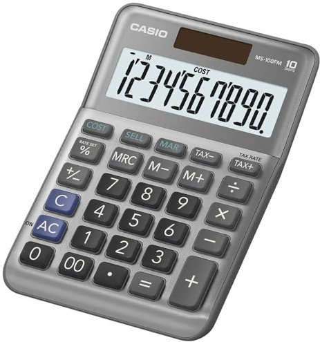 Casio Tischrechner MS-100FM, 10-stellig, Steuerberechnung, Cost/Sell/Margin, Aluminiumfront, Vorzeichenwechsel, Solar-/Batteriebetrieb