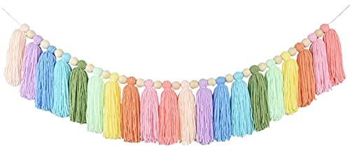 Herklotzn 94 cm Pastell-Regenbogen-Quasten-Girlande mit Holzperlen, bunter Wandteppich für Schlafzimmer, Wand, Klassenzimmer, Kinderzimmer, -Dekoration