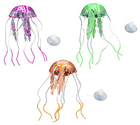 Geesatis Jellyfish Aquarium Fische 3 Stück Aquarium Dekorationen Quallen Aquarium Ornament Tank Künstliche Fische Pflanzen Silikon Ornament (grün, orange, lila)