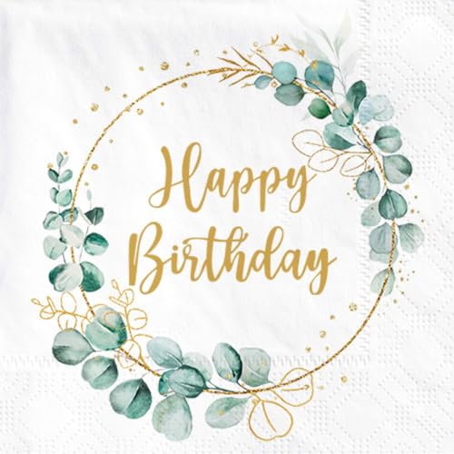 Sprinlot 40 Stück Servietten Geburtstag Eukalyptus, Servietten Salbeigrün, Happy Birthday Servietten, Servietten Eukalyptus Grün, Geburtstagsdeko Tisch Servietten Tischdeko Geburtstag Frau Mann
