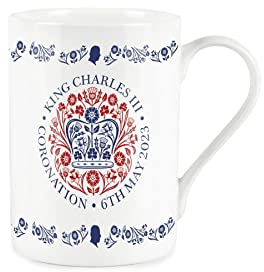 Purely Home King Charles III Coronation 2023 Mug - Fine Bone China White & Red Commemorative Mug Official Emblem Coffee/Tea Gift
