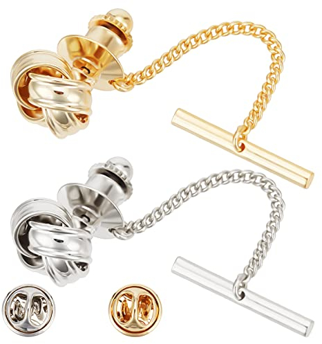 WEBEEDY 2 Stück Krawattennadel Für Männer Krawattennadel Mit Kette Krawattenklammern Mit Manschettenknöpfen Krawattennadeln Für Herrenanzüge, Smoking Krawattennadel Silber Gold Tone