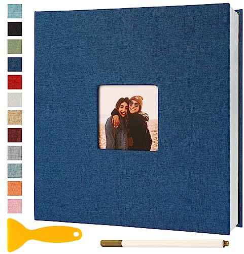 Album Fotos Autoadhesivo 28x27 de Lino Álbum de Fotos para Pegar Y Escribir Grande Photo Album Personalizados Tradicionales Scrapbook Bebe Primer Año Comunion Libro Firmas Boda, 60 Páginas Azul