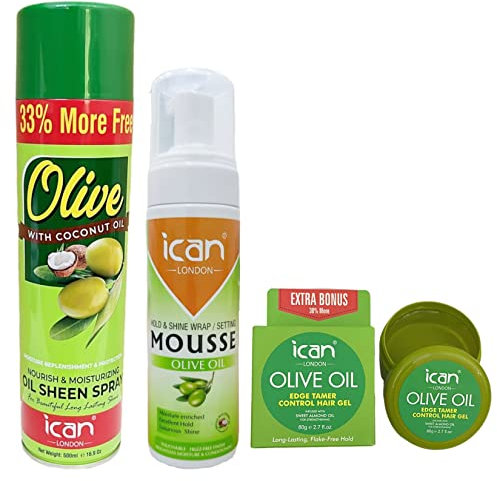 ican Olive Oil Moisturizing Sheen Spray With Coconut Oil 500ml + Olive Oil Wrap Set Mousse 207ml + Olive Oil Edge Control Gel 80g (Trio Pack)