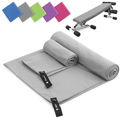 Mikrofaser Handtuch 2er Set | 180x60cm Groß Badetuch + 80x40cm Klein Hand Gesichtshandtuch | Schnelltrocknend Mikrofaser Handtücher, Sporthandtuch Fitnessstudio für Fitness Strand Gym (Grau)