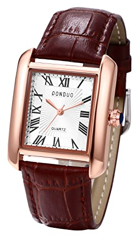 JewelryWe Herrenuhr Vintage Partner Freundschaft Leder Armband Uhr Herren Analog Quarz Armbanduhr Klassische Rechteckige lässige Uhr mit Römischen Ziffern Zifferblatt Geschenk für Männer Braun