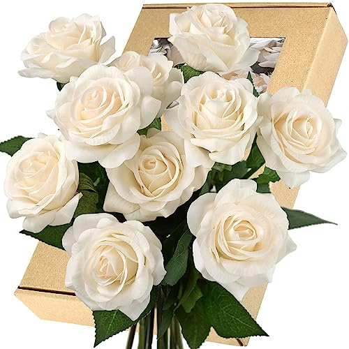 FiveSeasonStuff 10 Stems Real Touch Roses Artificial Flower Silk Roses ‘Petals Feel and Look like Fresh Roses' Bouquet of Flowers Floral Arrangements (Light Champagne)