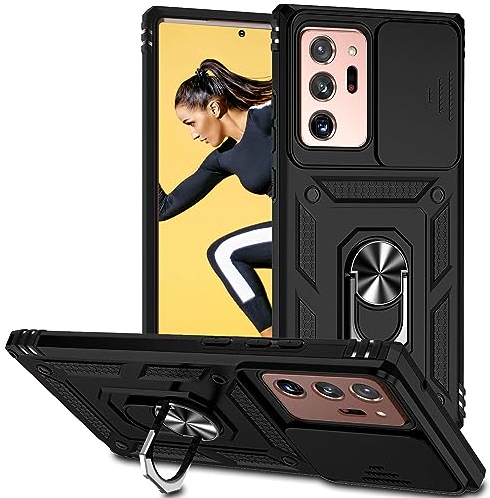 POUHYE Handyhülle für Samsung Galaxy Note 20 Ultra Hülle, [ Slide Camera] Hybrid Militärqualität Stoßfest Bumper Outdoor Handyhülle mit 360° Drehbarer Metall Ring Ständer Schutzhülle Case Schwarz