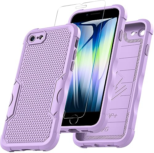 Für iPhone SE 2020 iPhone SE 2022 Hülle iPhone 8/7 Hülle, Stoßfest Rugged Hülle mit 9H Displayschutz-Glas Fallschutz Handyhülle iPhone SE 2020 TPU Outdoor Case mit Kameraschutz für iPhone 8 (Lila)