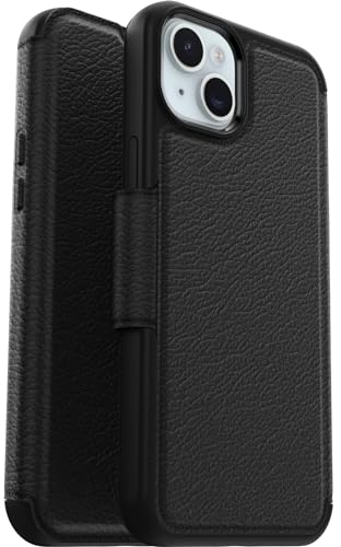 OtterBox Strada Case for iPhone 15 Plus for MagSafe, Shockproof, Drop proof, Premium Leather Protective Folio with Two Card Holders, 3x Tested to Military Standard, Black