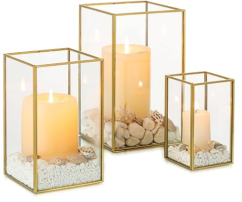 NUPTIO Glas Windlicht Kerzenständer Gold: Set von 3 Metall Stumpenkerzen Kerzenhalter Gehärtetes Glas Laternen Outdoor für Hochzeit tischdeko Weihnachten Halloween Wohnzimmer Tischplatte