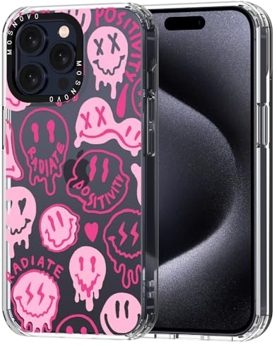 MOSNOVO Case for iPhone 15 Pro Max, [Buffertech 6.6ft Military-Grade Drop Protection] [Anti Peel Off Tech] Clear TPU Bumper Phone Case Cover Design - Pink Dripping Smiles Positivity Radiate Face