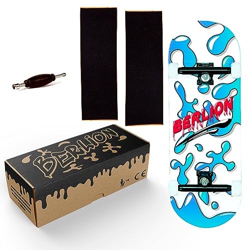 BERLION Professionelle Fingerskate aus Holz, Pro Ultra konkav, Mini-Skateboard, kleines Fingerboard, Schleifmittel, Werkzeug und Räder, Anti-Stress-Spielzeug (blau)