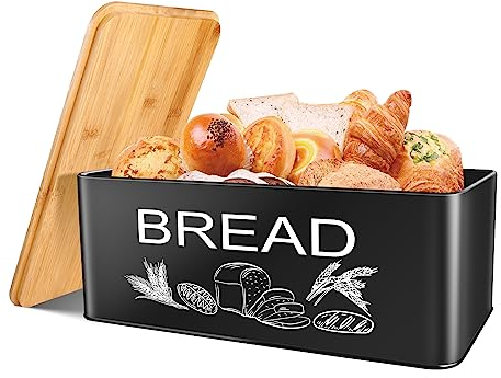 JIGUOOR Black Bread Bin, Large Space Saving Vertical Metal Bread Box with Bamboo Cutting Board Lid, Holds 2 Loaves, Farmhouse Bread Bins for Kitchen Bread Storage, Dry food, Kitchen Parts Box