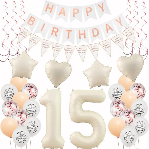 Deko 15. Geburtstag Mädchen Beige Roségold Luftballons 15 Geburtstag Dekoration Mädchen，15 Deko，Geburtstagsdeko 15 jahre,Happy 15th Birthday Girlande 15 Party