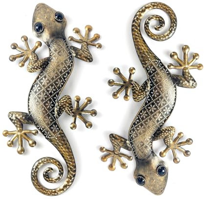 Liffy Gecko Metall Wall Art Decor 2 Pack 15 Zoll - Indoor & Outdoor Eidechse Wandkunst hängende Skulptur für Haus und Garten Dekorationen (Gold Eidechse)