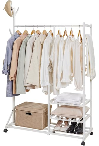 Yorbay Garderobenständer Bambus Kleiderständer mit Rollen, mit Kleiderstange, 3 Ablagen und 6 Haken, Baumform, 100 x 38 x 176 cm (Weiß)