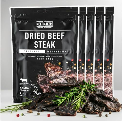 The Meat Makers Original Dried Beef Jerky Steak 500g - viande séchée de bœuf séché original steak séché de bœuf séché pour les personnes collation à la viande séchée