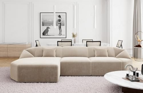 Ecksofa Cabrera L Form kurz Stoffsofa Sofa in Samt Designersofa Sun Velvet (Cremè, Ottomane Links)