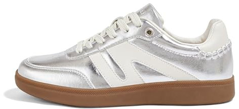 LUCKY STEP Damen Klassische Retro Sneaker mit Gummisohle - Modische Leder-Freizeitschuhe für Tennis und Skateboarden, rutschfeste Turnschuhe (Silber, 7US-37EU-4UK)