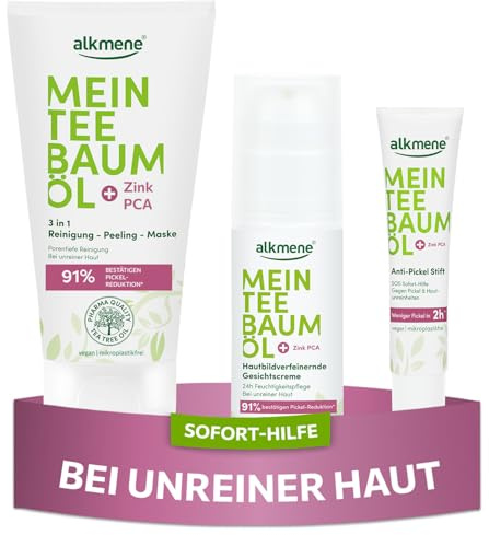 alkmene Sofort Hilfe Set gegen Pickel & Unreinheiten - Unreine Haut Set mit 3in1 Reinigung Peeling Maske, Gesichtscreme, Anti Pickel Stift - Pflege gegen Pickel, Anti Pickel Set, Hautpflege Pickel