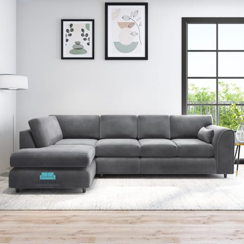 Exclusive Resilient XL Left Hand Corner Full Back Sofa Plush Velvet Stylish Up-to-date Cosy Home Furniture for Spacious Indoor Outdoor Living Room Bedroom (Dark Grey, XL Left Hand Corner)