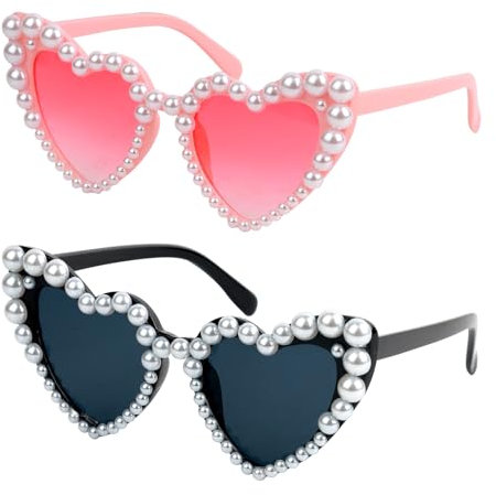 ZWQLZG Herz Sonnenbrille Perle Vintage Sonnenbrille Damen Herzform mit Perlen Rosa Vintage Herzbrille Party Herzförmige Braut Sonnenbrillen UV400 Schutz Schwarz