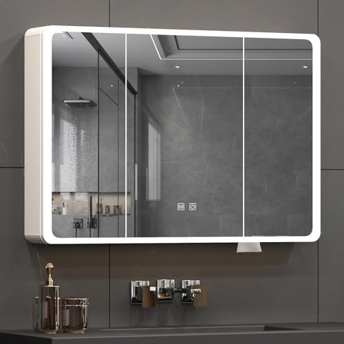 Buildonely Spiegelschrank Bad mit Beleuchtung, Badschrank mit Antibeschlag-Funktion und Türen, Touchscreen-Steuerung, Doppeltür, 100 x 70 cm, Aluminiumlegierung