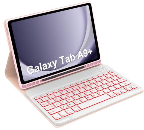 Occtingkind, Tastiera per Samsung Tab A9 Plus 11 pollici 2023, Cover con tastiera Samsung A9+, Custodia con Retroilluminata Rimovibile Bluetooth Keyboard per Galaxy Tab A9Plus, Italiano, USB C, Rosa