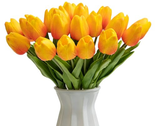 LEUCHTAMOR 20Pcs Tulpen künstliche Blumen Orange Faux Blume Tulpen Sträuße Tulip Latex Material für Hochzeit Büro Garten und Haus Dekoration