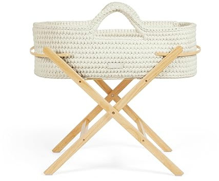 Ickle Bubba Nova Crochet Moseskorb & faltbarer Ständer – geeignet ab Geburt bis 9 kg, kompakt und leicht, inklusive Plüschmatratze, ideal für Nickerchen zu Hause oder auf Reisen (Wolke/Kiefer)