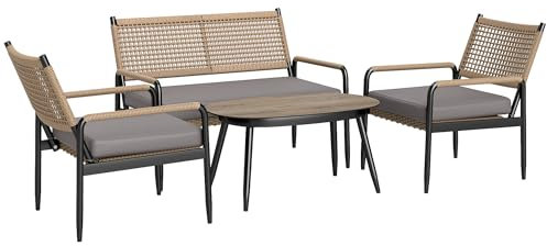 Outsunny Gartenmöbel Set aus Polyrattan Lounge-Set mit 2er Sofa Sessel Glastisch Kissen wetterfest Sitzgruppe für 4 Personen Outdoor Balkonmöbel Set Terrassenmöbel für Garten Balkon Dunkelgrau+Gelb