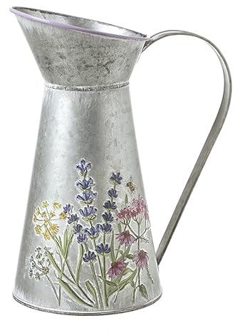 Karma By Nature Vintage Galvanised Metal Flower Jug, Rustic Metal Vase for Dried Flowers, Decorative Farmhouse Jug for Home, Gift or Wedding Decor - 26cm Tall.