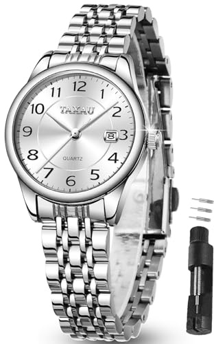 Taxau Uhr Damen Silber Edelstahl Wasserdicht Luxus Klassische Arabische Digitale Zifferblatt Leicht Zu Lesen Uhr Frau mit datumsanzeige klein Elegante Armbanduhr Damen Blaues/Silber/schwarz