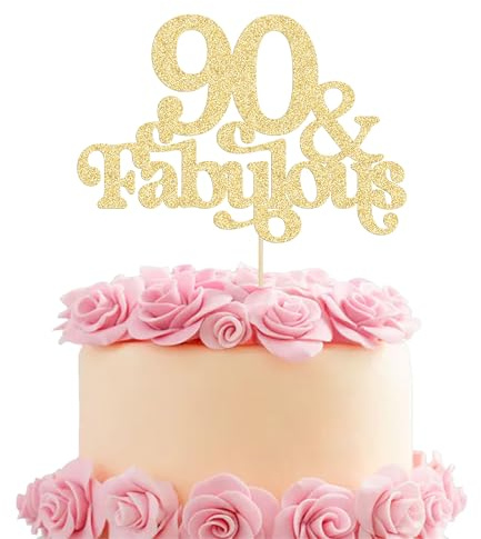 Ephlyn 1Pc 90 & Fabulous Cake Topper Glitter Ninety and Fabulous Cake Toppers Happy 90th Birthday Cake Pick for 90th Wedding Anniversary Birthday Party Decorations Supplies Gold