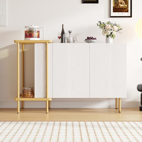 Moderner Sideboard, 120 x 40 x 77.5 cm (LxBxH) Schrank mit 2 Türen und 2 offenen Fächern, Couchtisch aus Metall, Glas (Weiß+Gold)