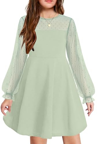 Arshiner Mädchen Festliches Kleid Meshed Puff Langarm Partykleid A-Linie | Mädchen Festlich Kleid Langarm Elegant Prinzessin Ballk Partykleid Mesh A-Linie für Hochzeit Geburtstag Kommunion 6-13 Jahre