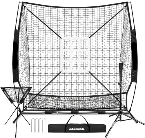 BaseGoal Baseball-Softball-Übungsnetz, Baseball-Rücklaufsperre, mit Schlagtee, Ball-Caddy, zum Schlagen, Schlagen, Fangen mit Bogenrahmen, Bonus-Strike-Zone, Ziel, tragbar und faltbar, 1,8 m x 1,8 m