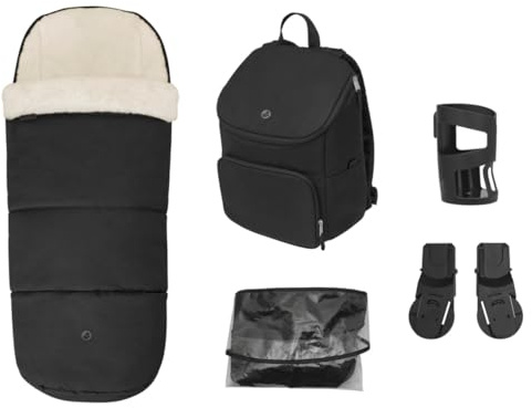The Maxi-Cosi Oxford Accessory, 5 Essential Accessories for the Oxford Stroller, 2-in-1 Footmuff, Nappy Backpack, Cup Holder, Baby car seat Adapters, Rain Cover, Twillic Black