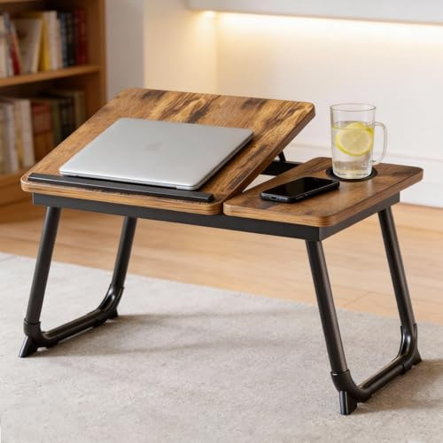 SEHAUSEU Table pliable pour ordinateur portable avec porte-gobelet pour lit et canapé - Marron