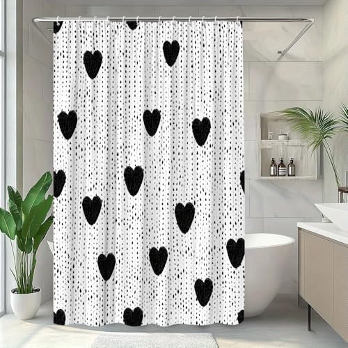 Rideau de Douche à Motif cœur pour Salle de Bain, Fond Blanc à Pois et cœurs Noirs, Design esthétique (255 x 165 cm/Extra Long)