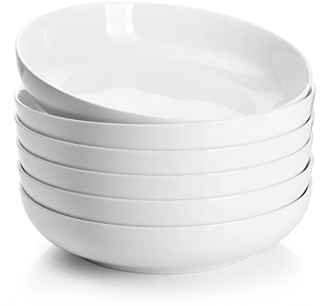 Sweese 22oz Porcelain Pasta Bowls Set of 6-7.6 Inch White Salad Serving Plates, Microwave Dishwasher Safe Dinnerware